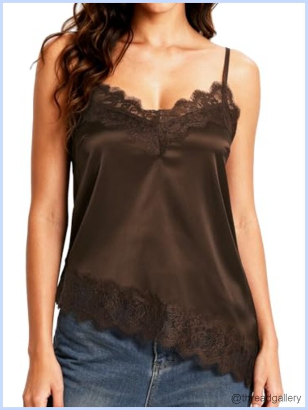 Satin Lace V-Neck Cami Asymmetrical Hem Adjustable Strap Tank Top